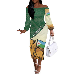 Personalized African Djibouti Off The Shoulder Long Sleeve Dress Camel Holding Jabuuti Flag - African Pride