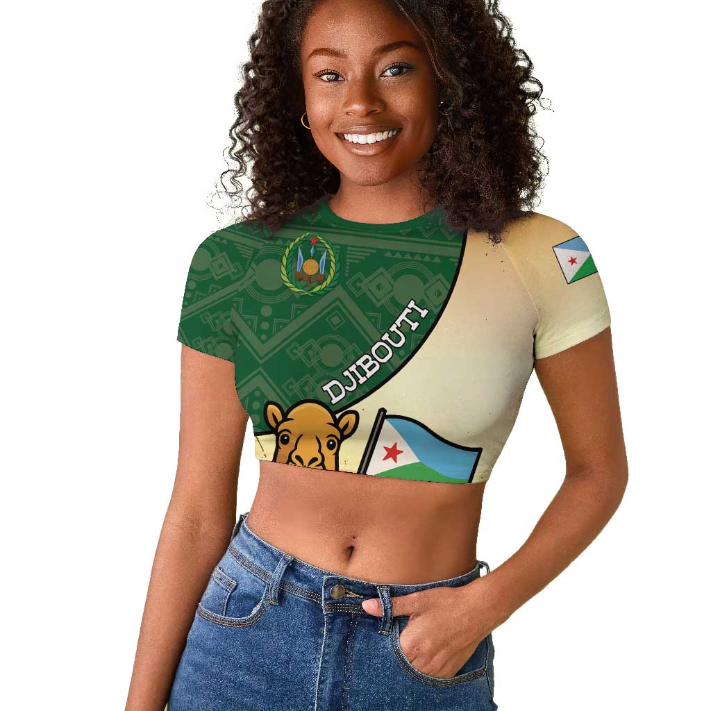 Personalized African Djibouti Raglan Cropped T shirt Camel Holding Jabuuti Flag - African Pride