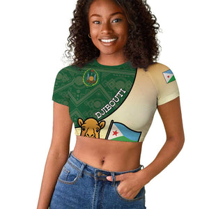 Personalized African Djibouti Raglan Cropped T shirt Camel Holding Jabuuti Flag - African Pride