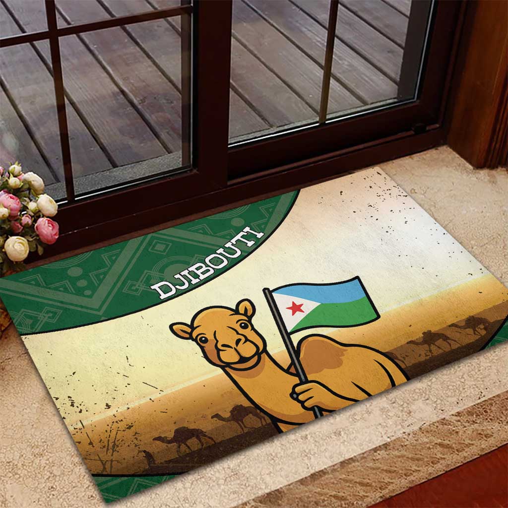 African Djibouti Rubber Doormat Camel Holding Jabuuti Flag - African Pride