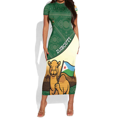Personalized African Djibouti Short Sleeve Bodycon Dress Camel Holding Jabuuti Flag - African Pride