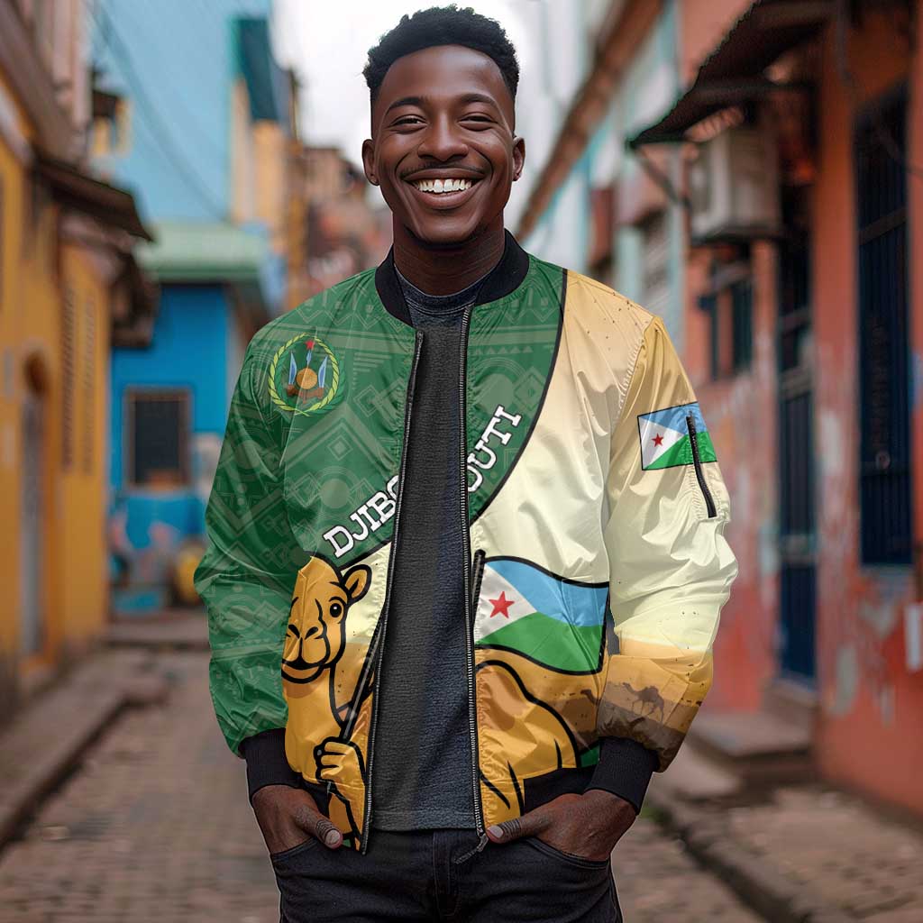 Personalized African Djibouti Sleeve Zip Bomber Jacket Camel Holding Jabuuti Flag - African Pride