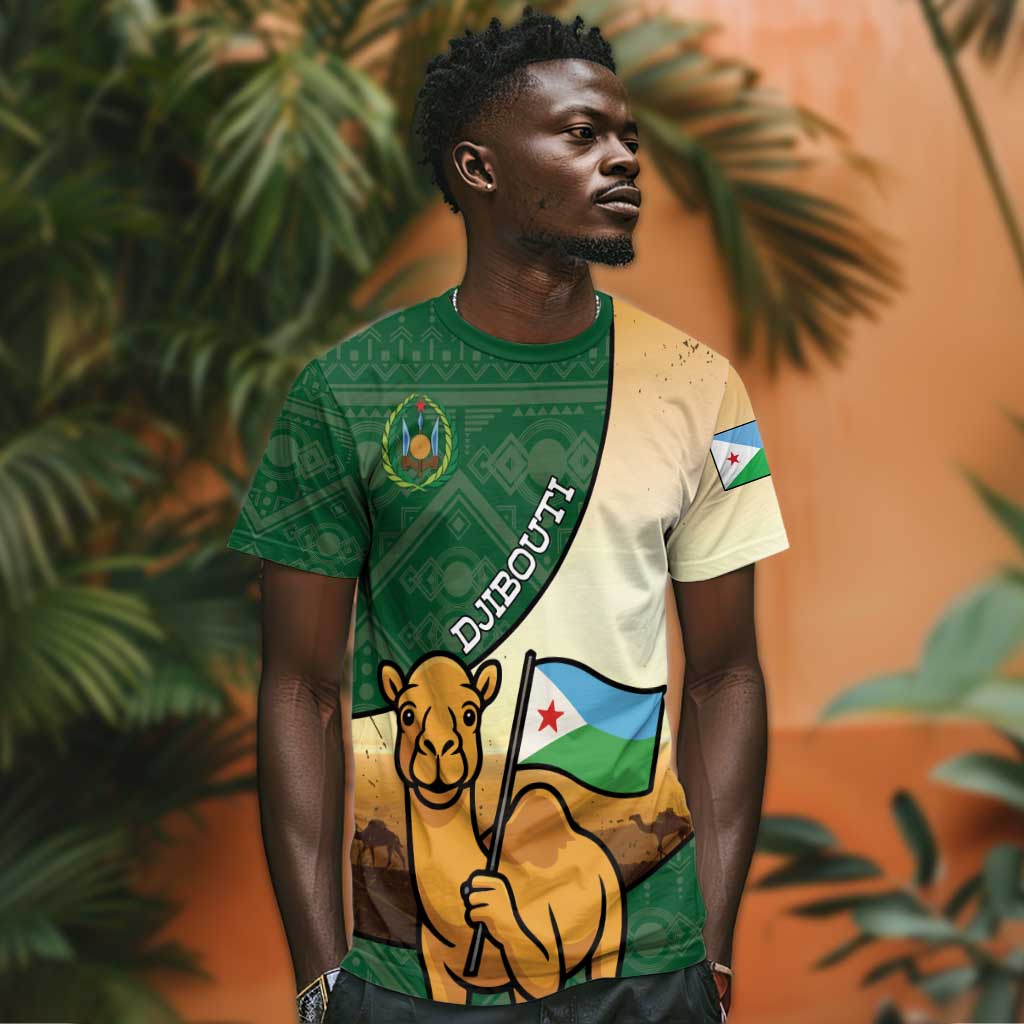 Personalized African Djibouti T shirt Camel Holding Jabuuti Flag - African Pride