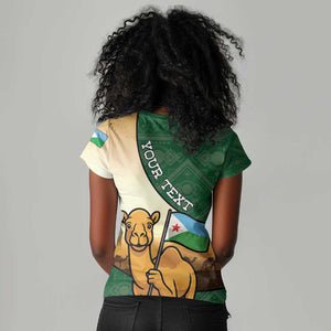 Personalized African Djibouti Women V-Neck T-Shirt Camel Holding Jabuuti Flag - African Pride