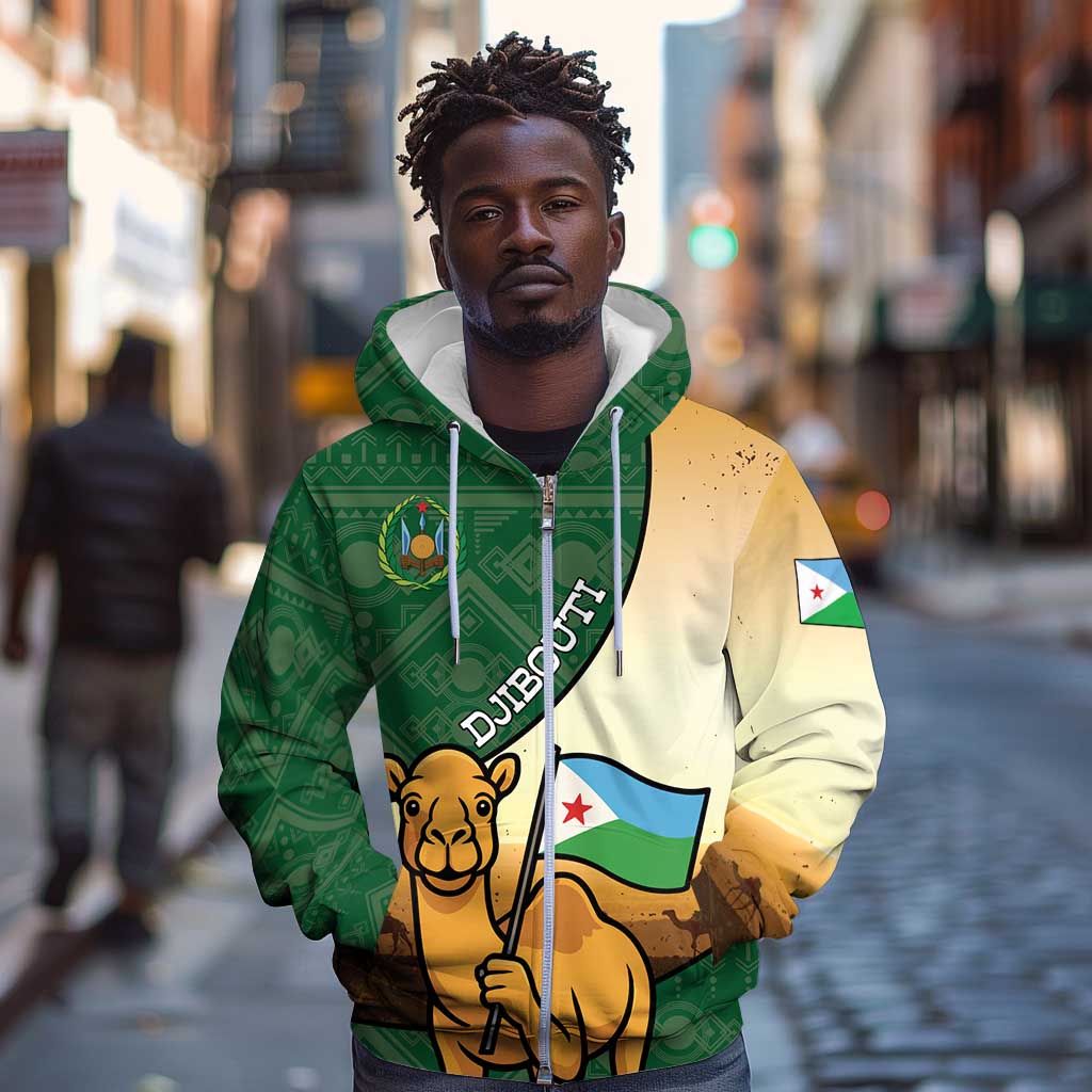 Personalized African Djibouti Zip Hoodie Camel Holding Jabuuti Flag - African Pride