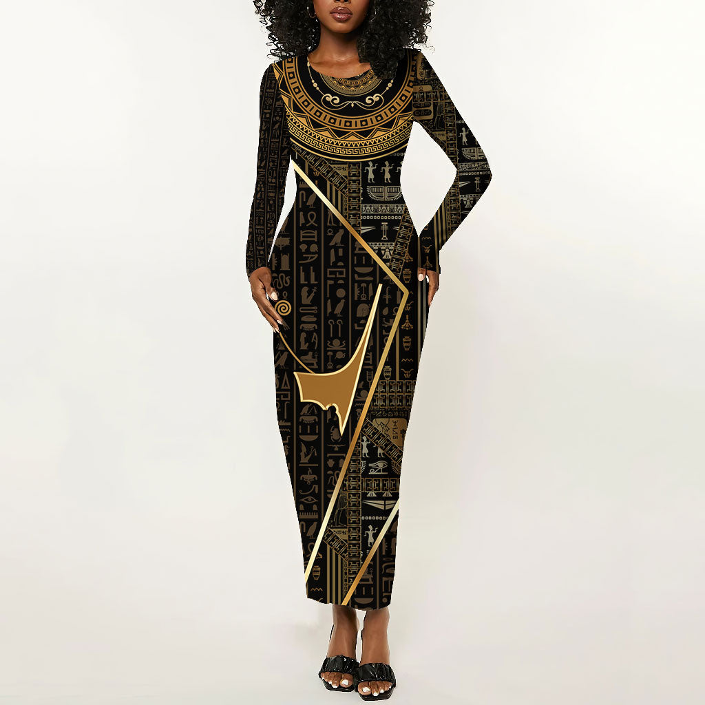 Egypt Deshret Crown Long Sleeve Bodycon Dress Ancient Mythology Pharaoh With Pschent