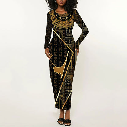 Egypt Deshret Crown Long Sleeve Bodycon Dress Ancient Mythology Pharaoh With Pschent
