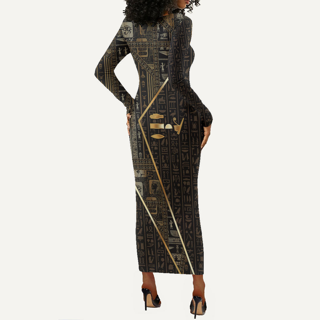 Egypt Deshret Crown Long Sleeve Bodycon Dress Ancient Mythology Pharaoh With Pschent
