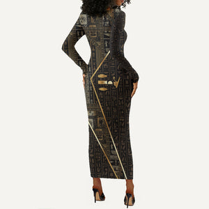 Egypt Deshret Crown Long Sleeve Bodycon Dress Ancient Mythology Pharaoh With Pschent