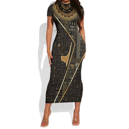 Egypt Deshret Crown Short Sleeve Bodycon Dress Ancient Mythology Pharaoh With Pschent