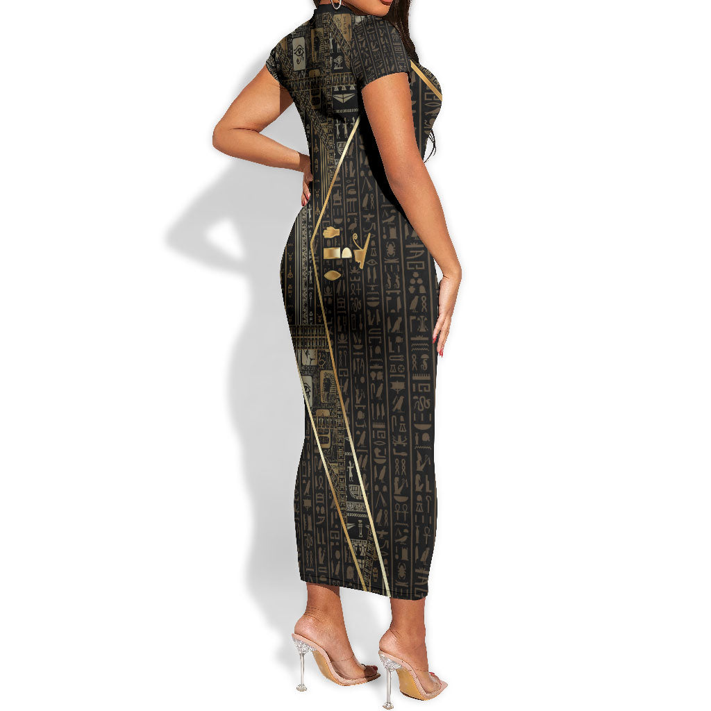 Egypt Deshret Crown Short Sleeve Bodycon Dress Ancient Mythology Pharaoh With Pschent