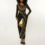 Egypt Pschent Crown Long Sleeve Bodycon Dress Ancient Mythology Unified Pharaoh