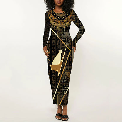 Egypt Pschent Crown Long Sleeve Bodycon Dress Ancient Mythology Unified Pharaoh