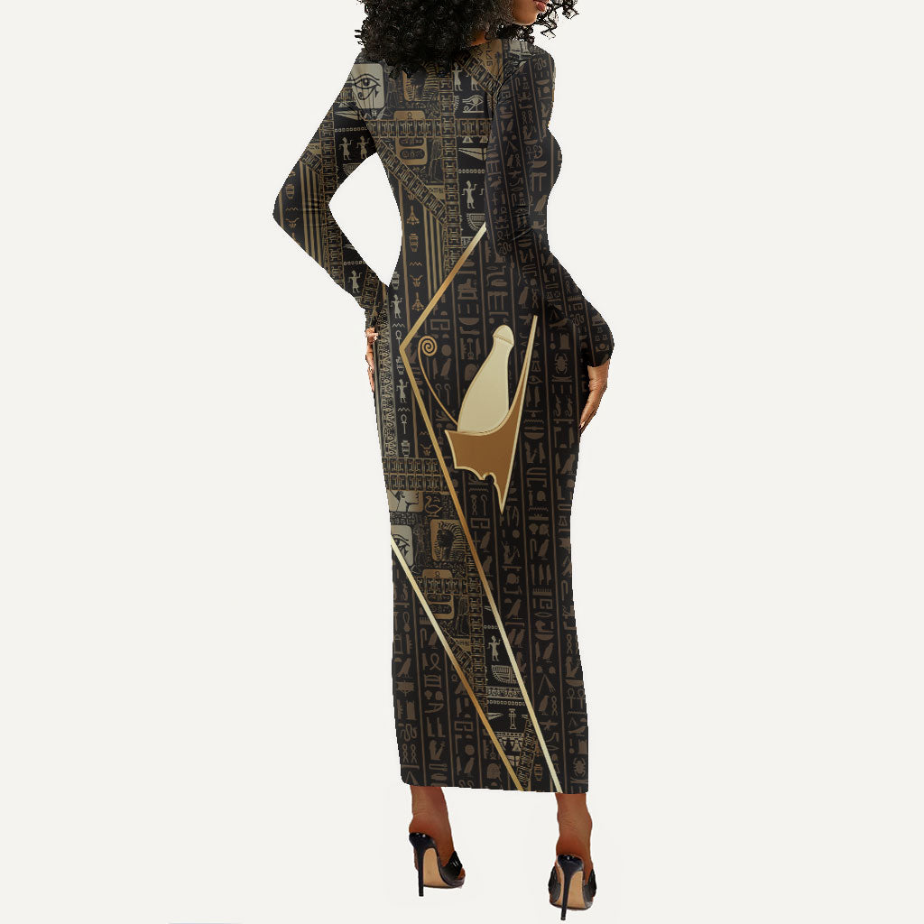 Egypt Pschent Crown Long Sleeve Bodycon Dress Ancient Mythology Unified Pharaoh