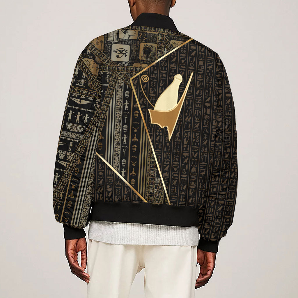 Egypt Pschent Crown Sleeve Zip Bomber Jacket Ancient Mythology Unified Pharaoh