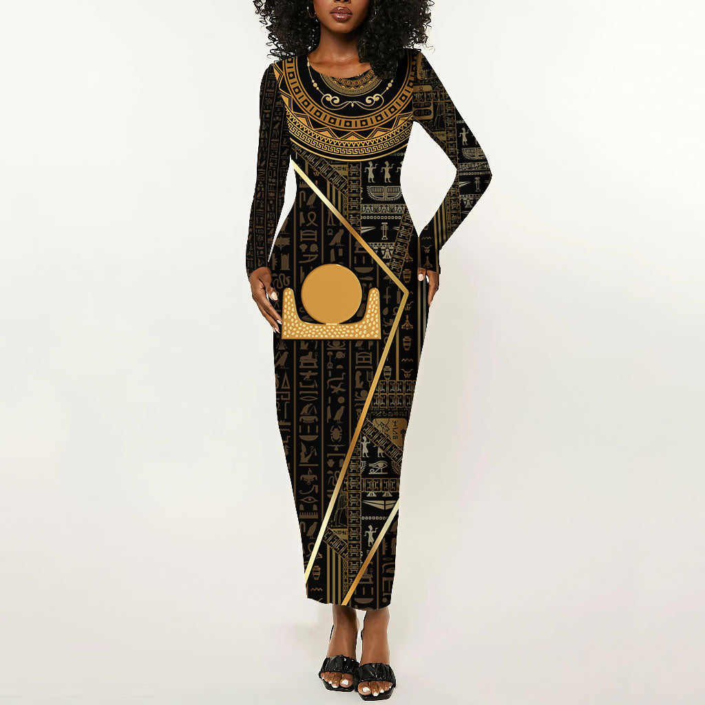 Egypt Akhet Long Sleeve Bodycon Dress Ancient Mythology Horizon Sun Disk