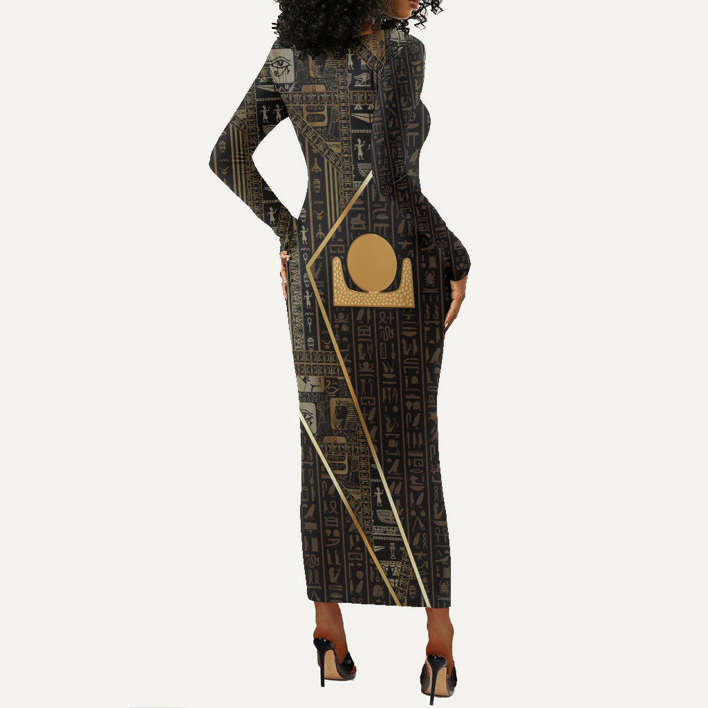 Egypt Akhet Long Sleeve Bodycon Dress Ancient Mythology Horizon Sun Disk