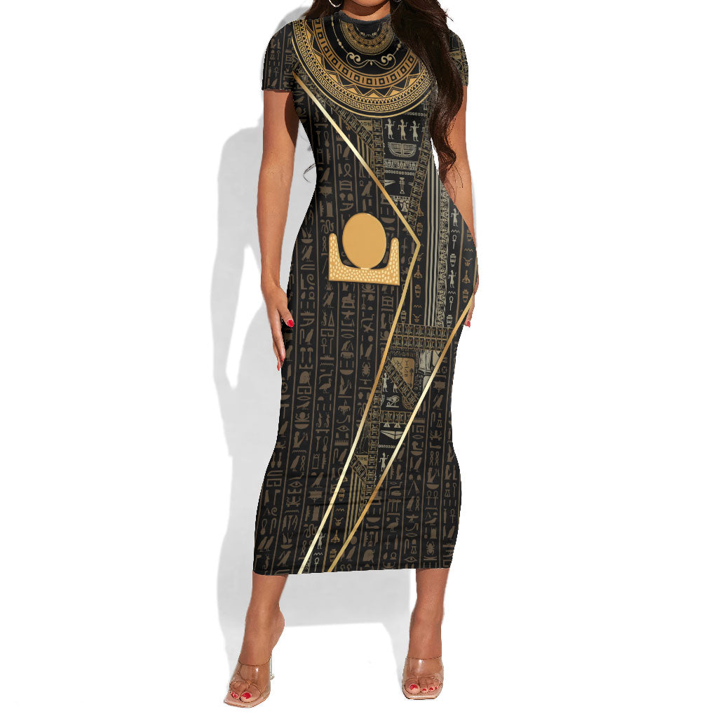 Egypt Akhet Short Sleeve Bodycon Dress Ancient Mythology Horizon Sun Disk