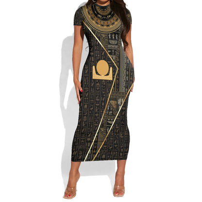 Egypt Akhet Short Sleeve Bodycon Dress Ancient Mythology Horizon Sun Disk