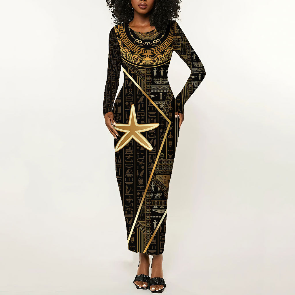 Egypt Seba Long Sleeve Bodycon Dress Ancient Mythology Golden Star Royal
