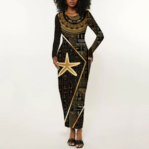 Egypt Seba Long Sleeve Bodycon Dress Ancient Mythology Golden Star Royal