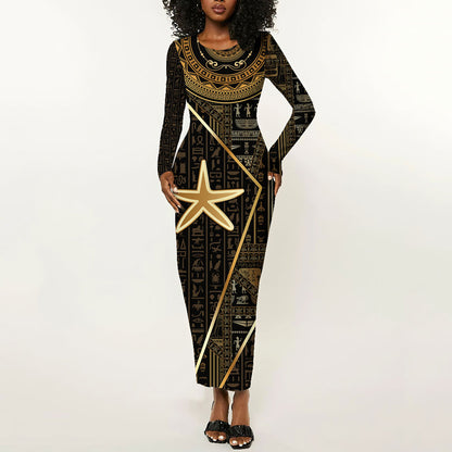 Egypt Seba Long Sleeve Bodycon Dress Ancient Mythology Golden Star Royal