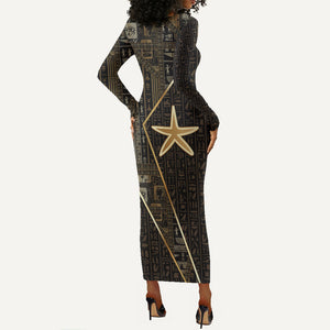Egypt Seba Long Sleeve Bodycon Dress Ancient Mythology Golden Star Royal