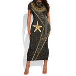 Egypt Seba Short Sleeve Bodycon Dress Ancient Mythology Golden Star Royal