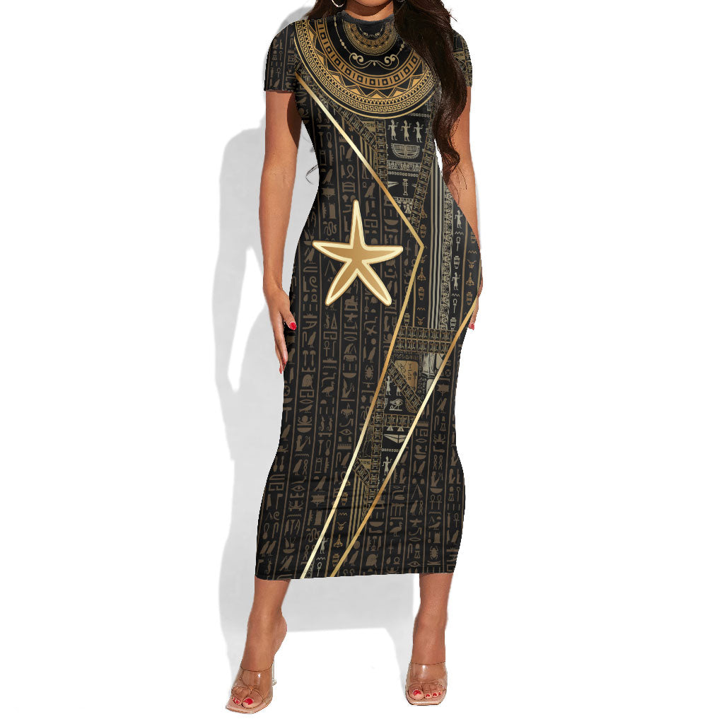 Egypt Seba Short Sleeve Bodycon Dress Ancient Mythology Golden Star Royal
