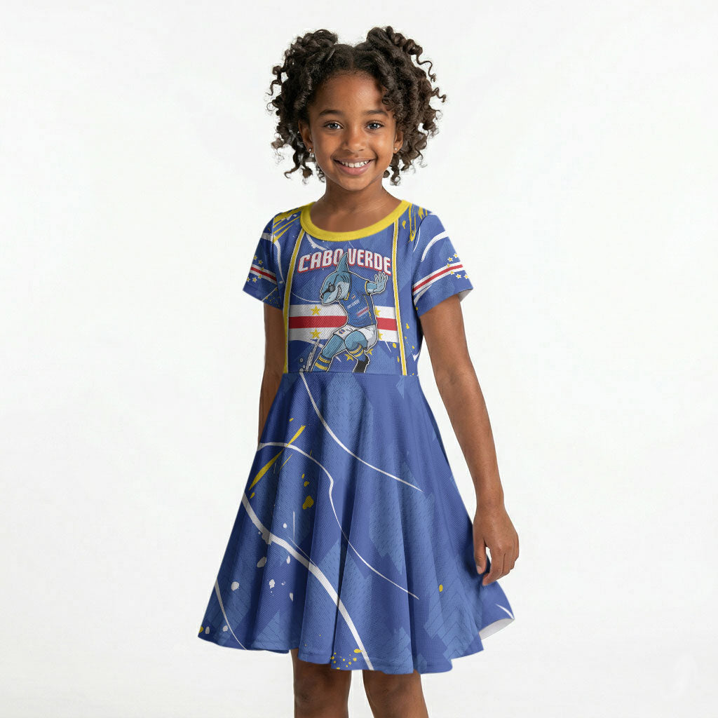 Custom Cape Verde Kid Short Sleeve Dress Blue Shark National Flag