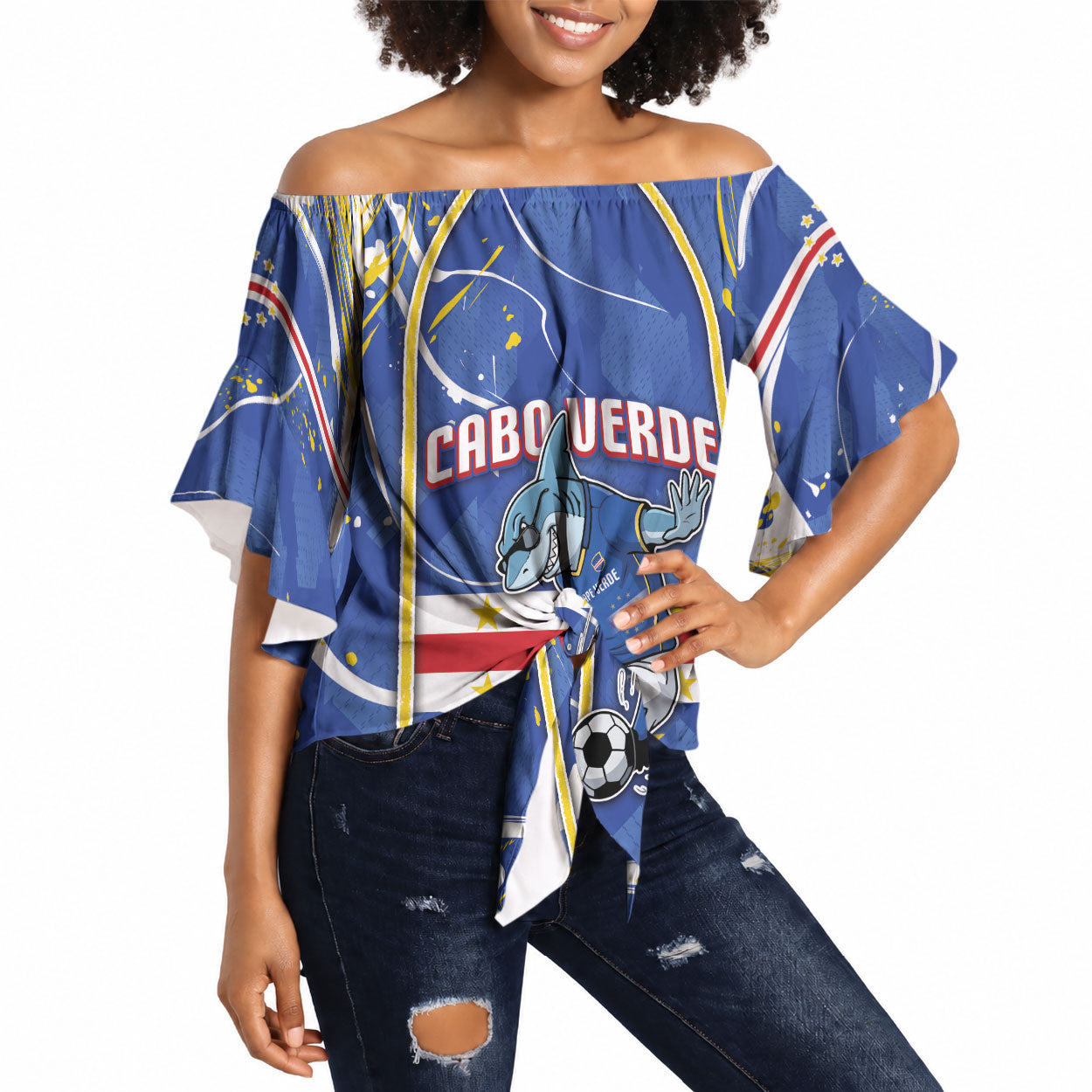 Custom Cape Verde Off Shoulder Wrap Waist Top Blue Shark National Flag