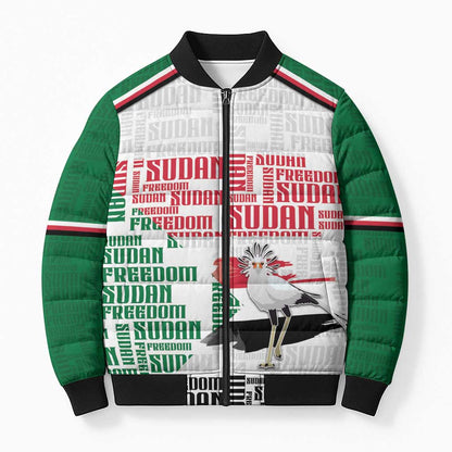 Personalized Sudan Bomber Puffer Jacket Secretary Bird With Typography Patterns - African Pride