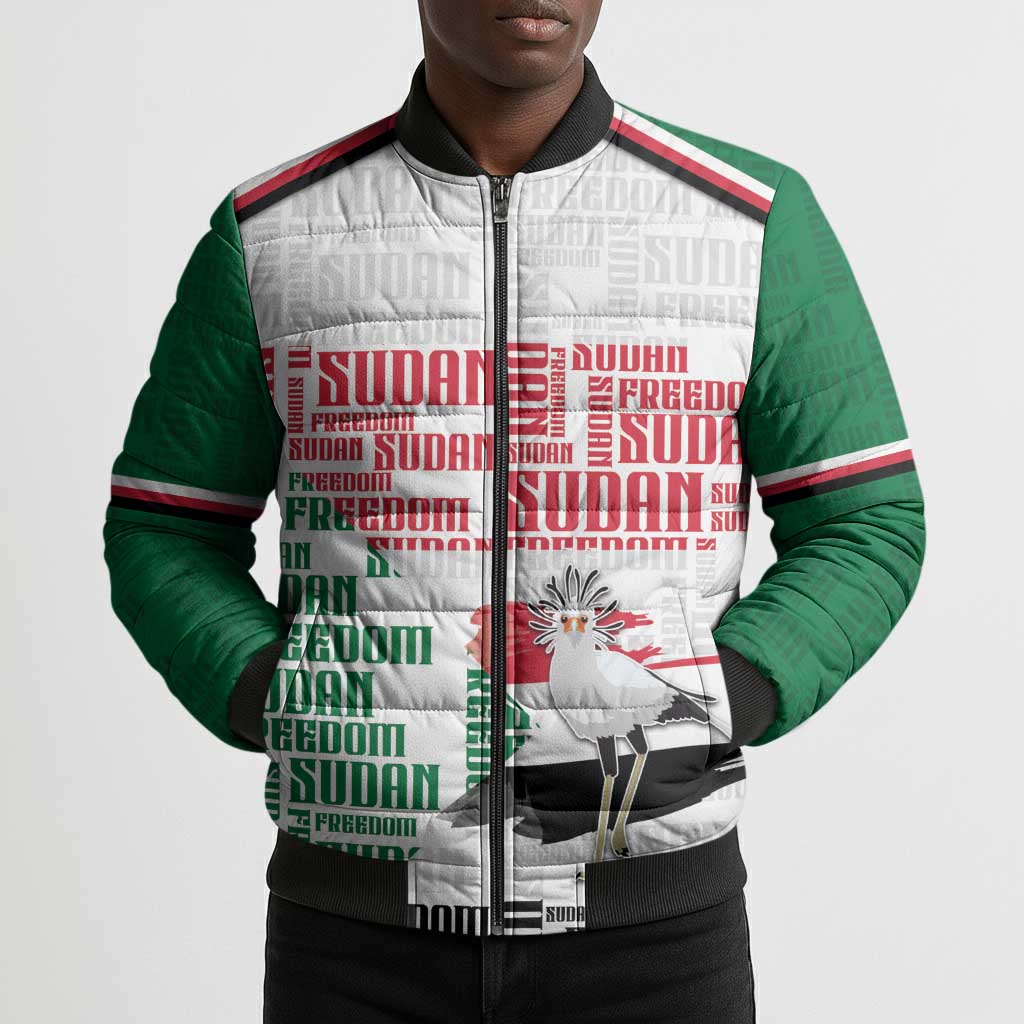 Personalized Sudan Bomber Puffer Jacket Secretary Bird With Typography Patterns - African Pride