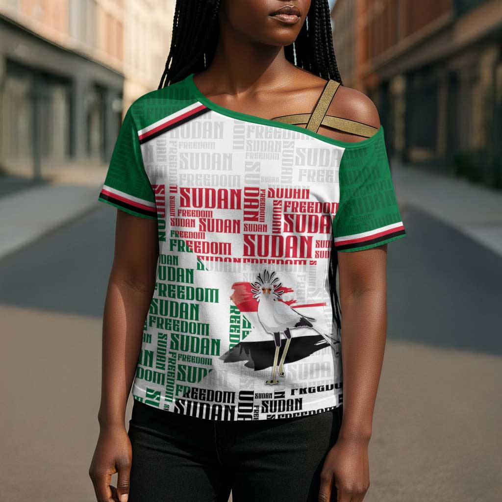Personalized Sudan Cross Shoulder Shirt Secretary Bird With Typography Patterns - African Pride