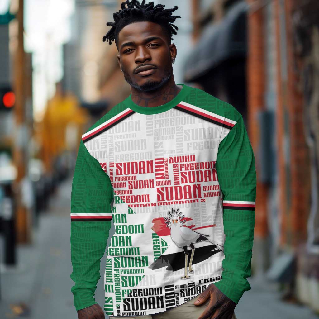 Personalized Sudan Long Sleeve Shirt Secretary Bird With Typography Patterns - African Pride