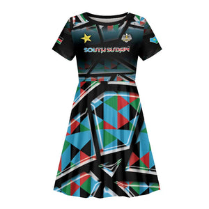 Custom South Sudan Kid Short Sleeve Dress Geometric African Patterns - African Pride