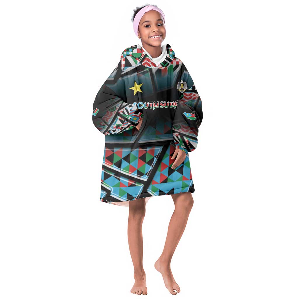 Custom South Sudan Kid Wearable Blanket Hoodie Geometric African Patterns - African Pride