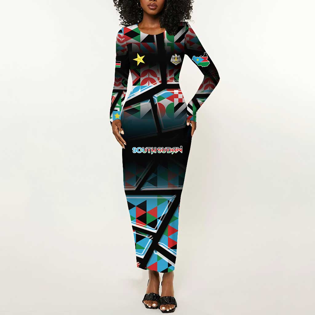 Custom South Sudan Long Sleeve Bodycon Dress Geometric African Patterns - African Pride