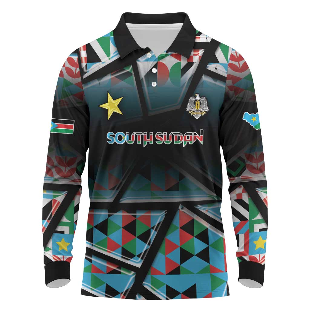 Custom South Sudan Long Sleeve Polo Shirt Geometric African Patterns - African Pride