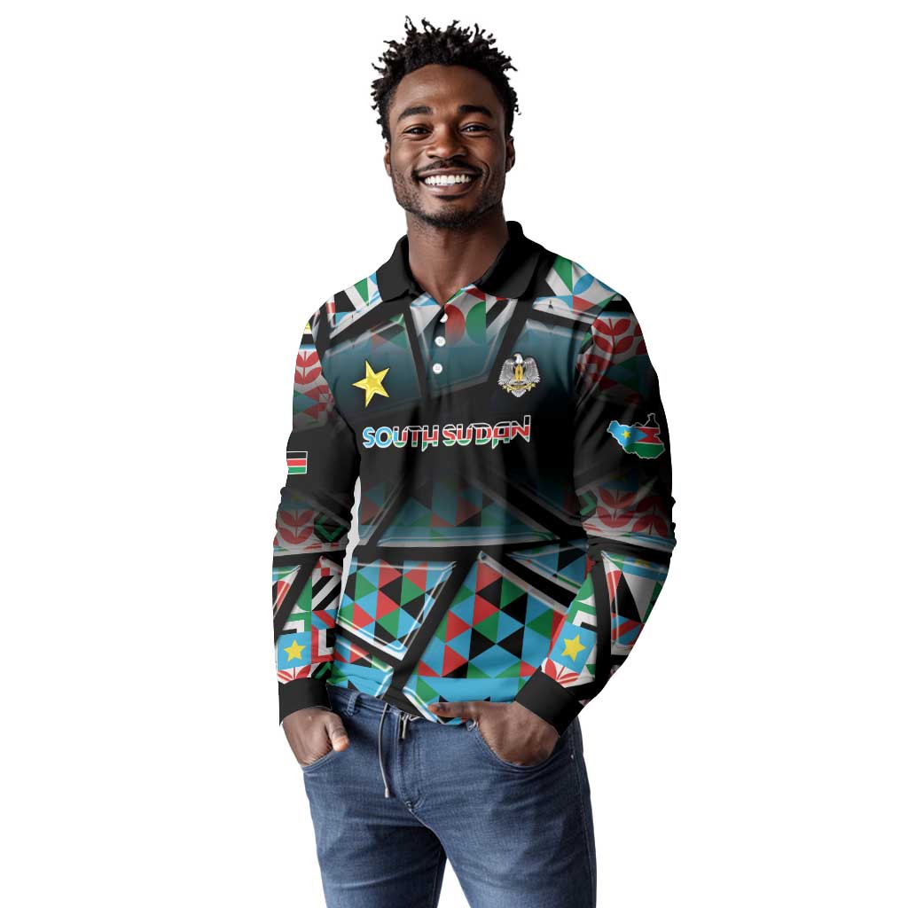 Custom South Sudan Long Sleeve Polo Shirt Geometric African Patterns - African Pride