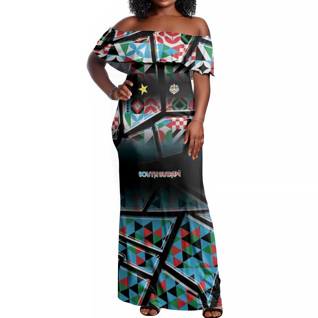 Custom South Sudan Off Shoulder Maxi Dress Geometric African Patterns - African Pride