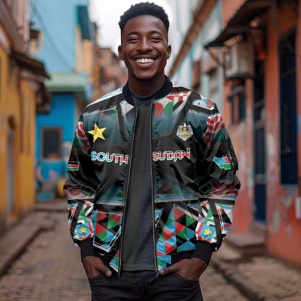 Custom South Sudan Sleeve Zip Bomber Jacket Geometric African Patterns - African Pride