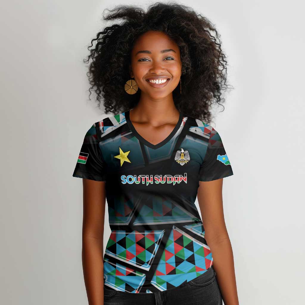Custom South Sudan Women V-Neck T-Shirt Geometric African Patterns - African Pride