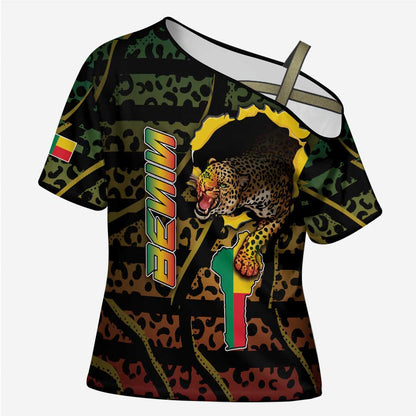 Personalized Benin Cross Shoulder Shirt Powerful African Leopard - African Pride