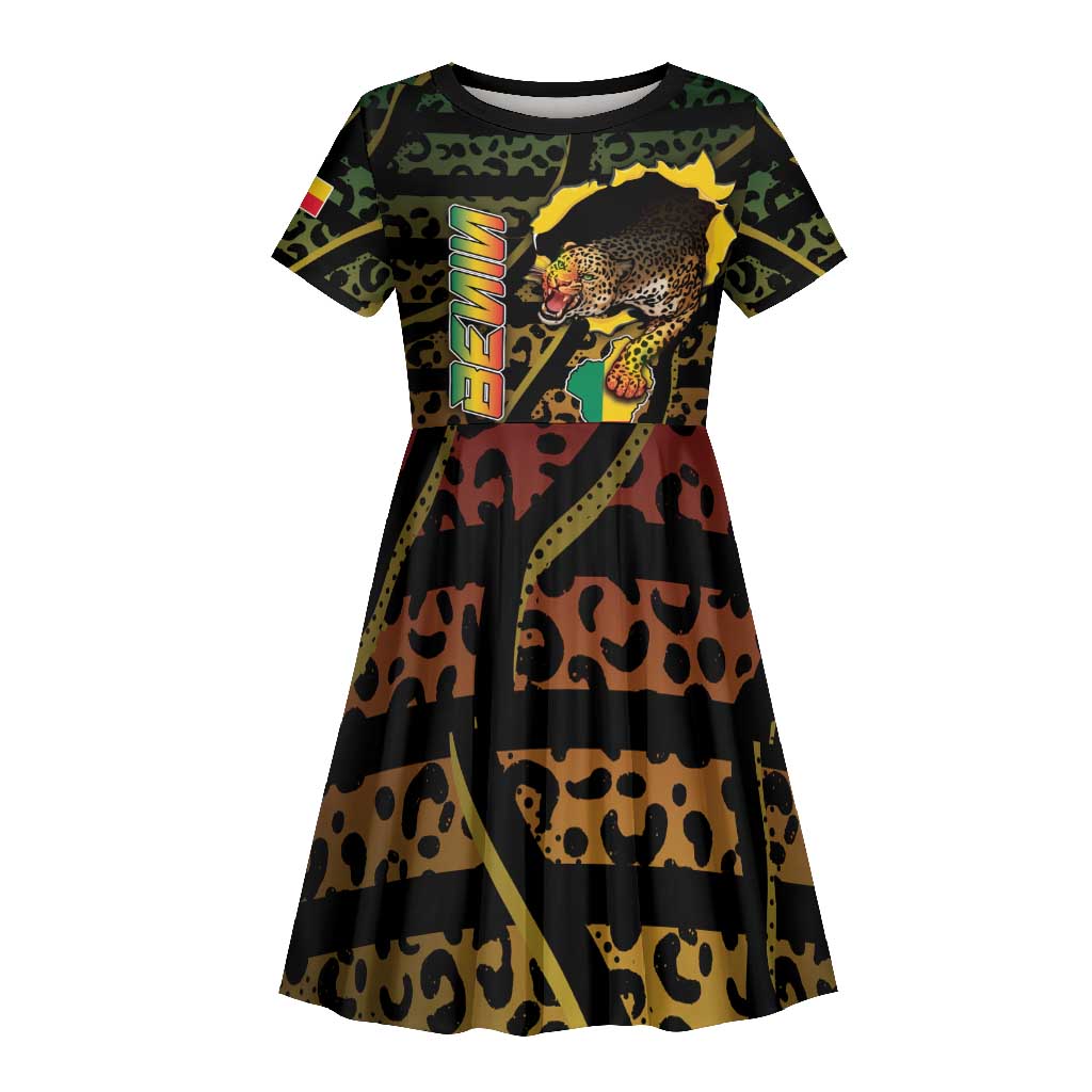 Personalized Benin Kid Short Sleeve Dress Powerful African Leopard - African Pride