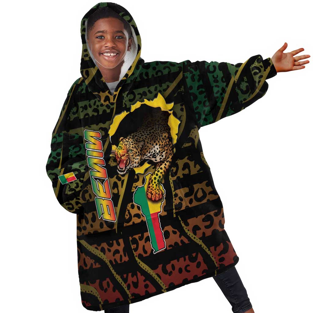 Personalized Benin Kid Wearable Blanket Hoodie Powerful African Leopard - African Pride