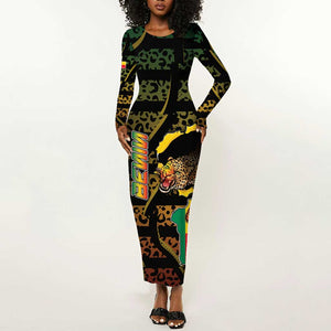 Personalized Benin Long Sleeve Bodycon Dress Powerful African Leopard - African Pride