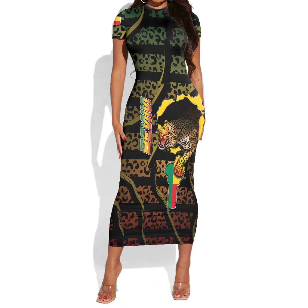 Personalized Benin Short Sleeve Bodycon Dress Powerful African Leopard - African Pride