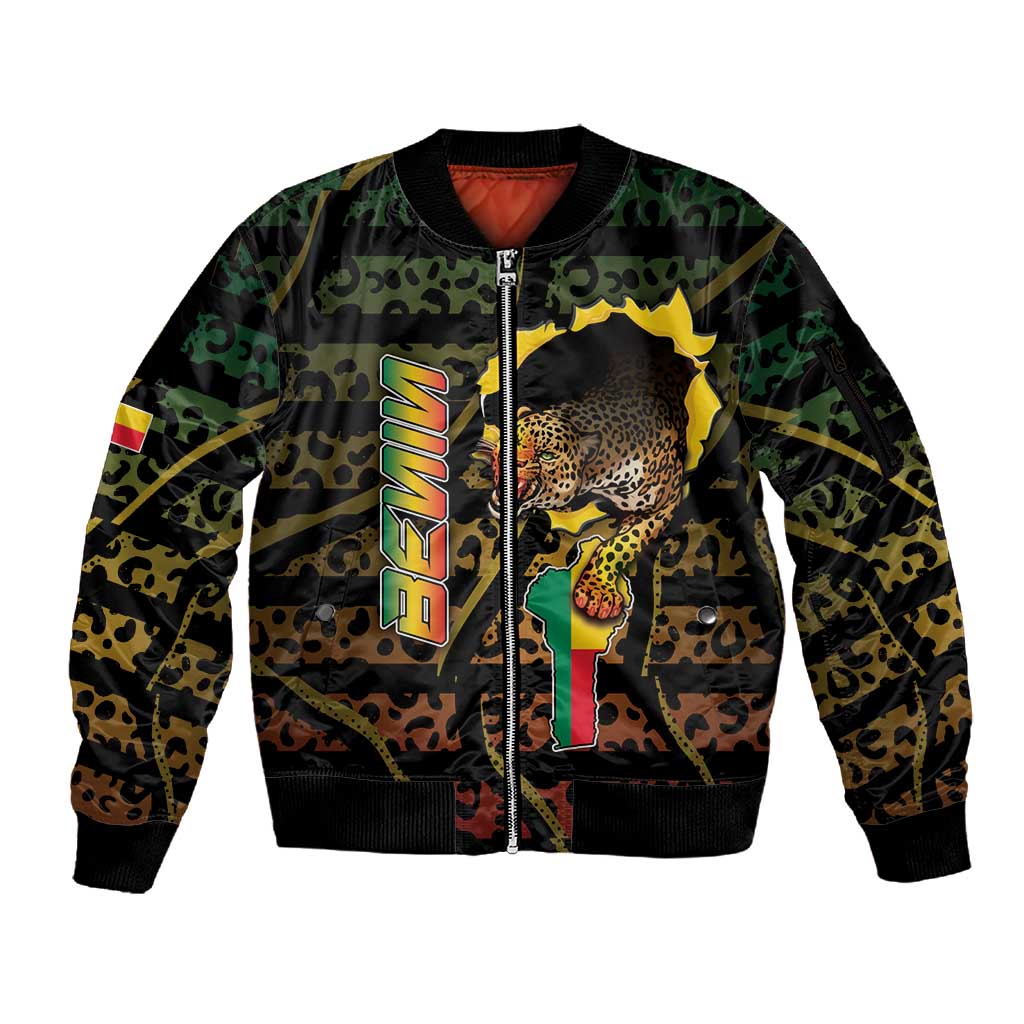 Personalized Benin Sleeve Zip Bomber Jacket Powerful African Leopard - African Pride