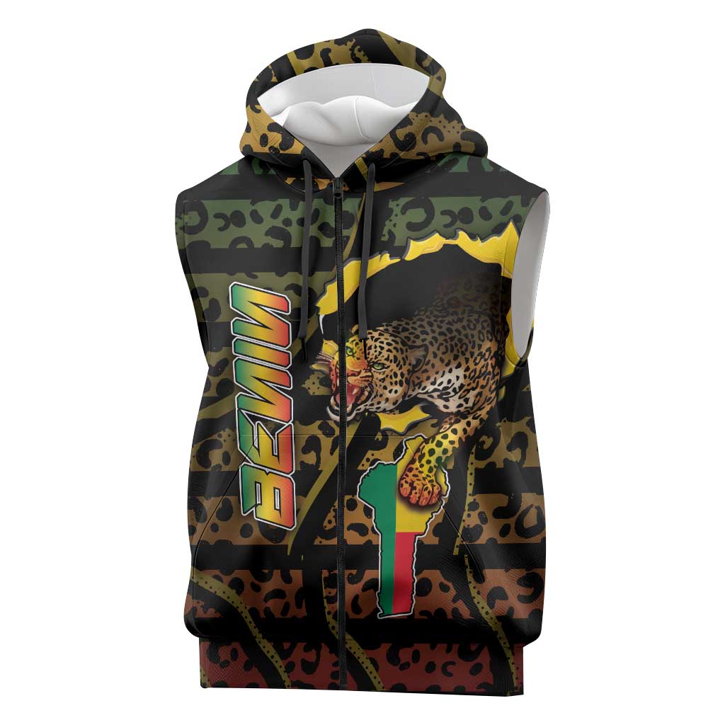 Personalized Benin Sleeveless Zip Hoodie Powerful African Leopard - African Pride